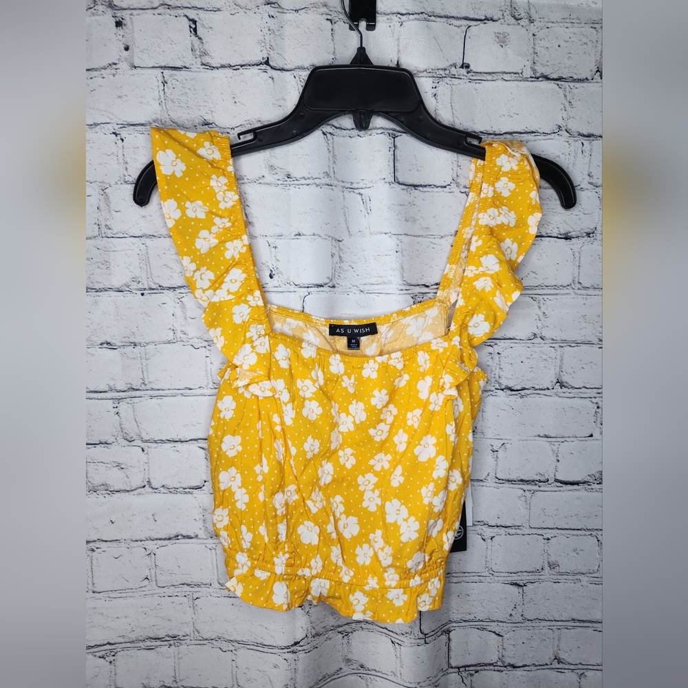 AS U WISH Yellow and White Summer Floral Ruffle Crop Top Size Medium